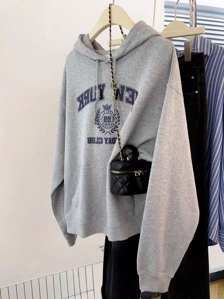 High-quality cotton blended CVC ribbed women's hooded printed sweatshirt with regular extra warmth