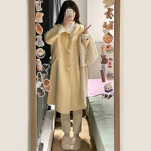 Horn button thickened woolen coat for women 2024 autumn and winter new style woolen coat Korean style small people are popular this year