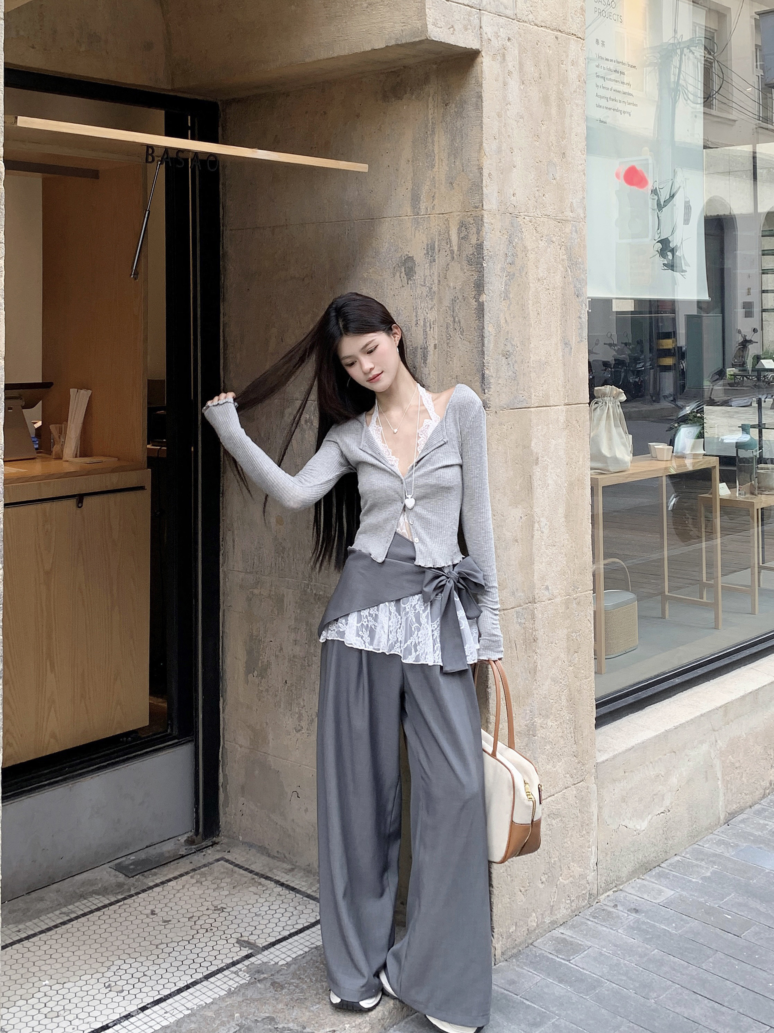 Live Shot~Autumn Hot Girl Layered Knit Cardigan with V-Neck Lace Bralette + Suit Relaxed Wide Leg Pants Set