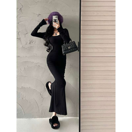 2024 new mm large size French sexy pleated long-sleeved hip skirt slimming slim temperament versatile bottoming skirt trendy