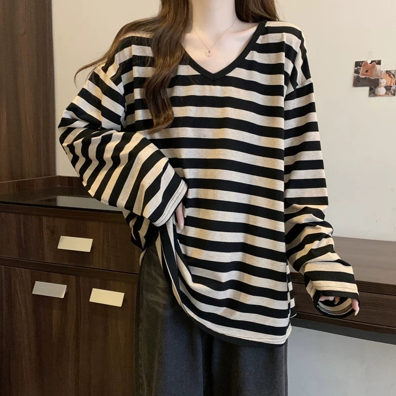 Items shipped Striped early autumn outerwear versatile long-sleeved youthful casual top