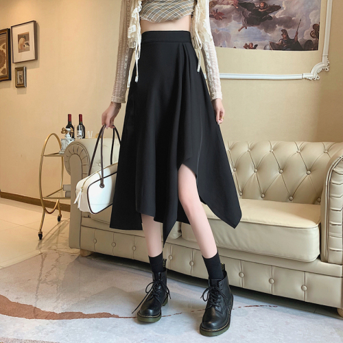 Irregular black slit skirt for women in autumn, mid-length, hip-covering, slimming umbrella skirt, high-waisted A-line skirt with large hem