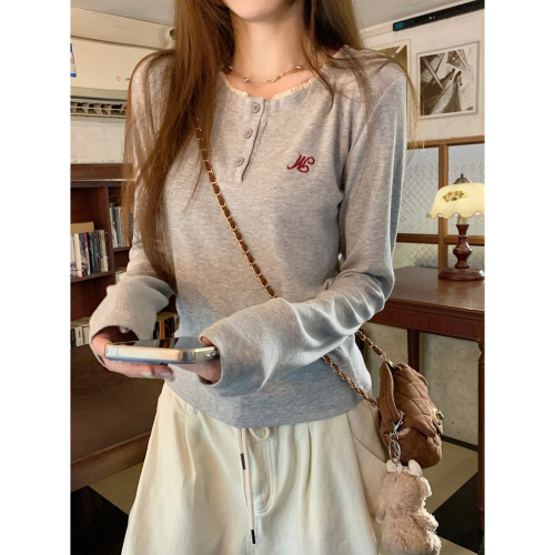 Real shot of autumn and winter Korean style lace splicing round neck button design fake two-piece T-shirt long-sleeved bottoming top