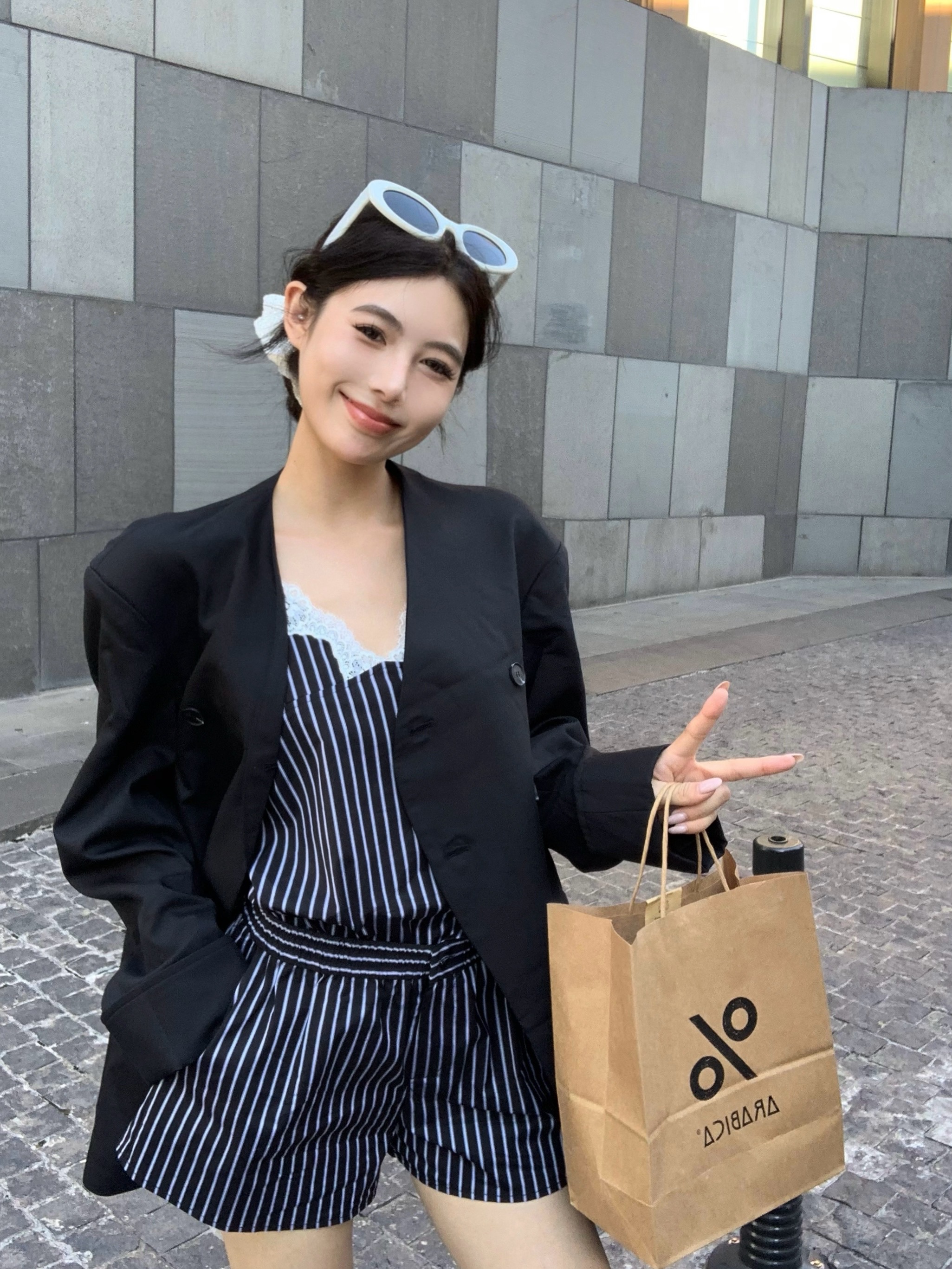 實拍 秋款法式女孩時髦感條紋蕾絲綁帶吊帶小眾連體褲休閒褲