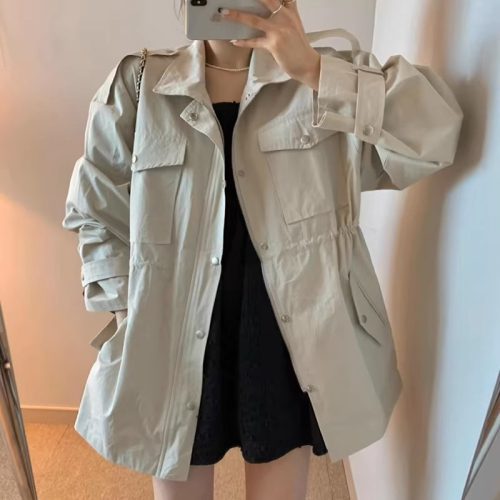 Korean chic autumn retro temperament lapel zipper hidden button pleated waist slimming versatile windbreaker jacket for women