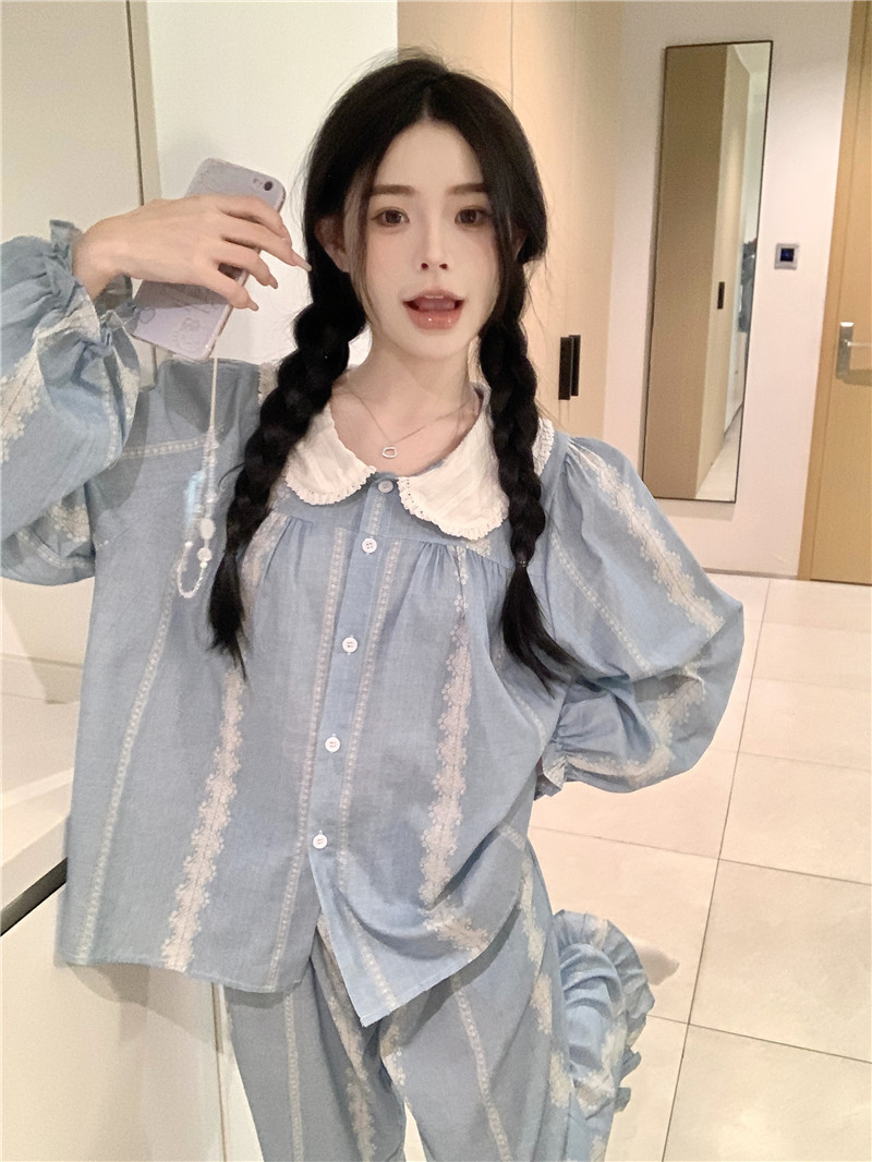 Photographed Korean-style sweet baby collar loose and comfortable minimalist 100% cotton national style printed autumn long-sleeved home wear