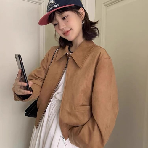 Korean chic autumn American retro lapel double zipper pockets loose and versatile imitation deerskin velvet jacket for women