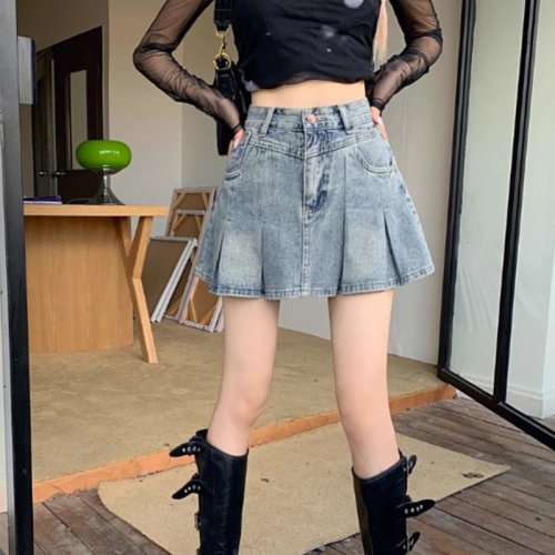 Trendy brand American retro denim short skirt for women high-waisted hot girl pleated skirt petite A-line skirt 2024 summer