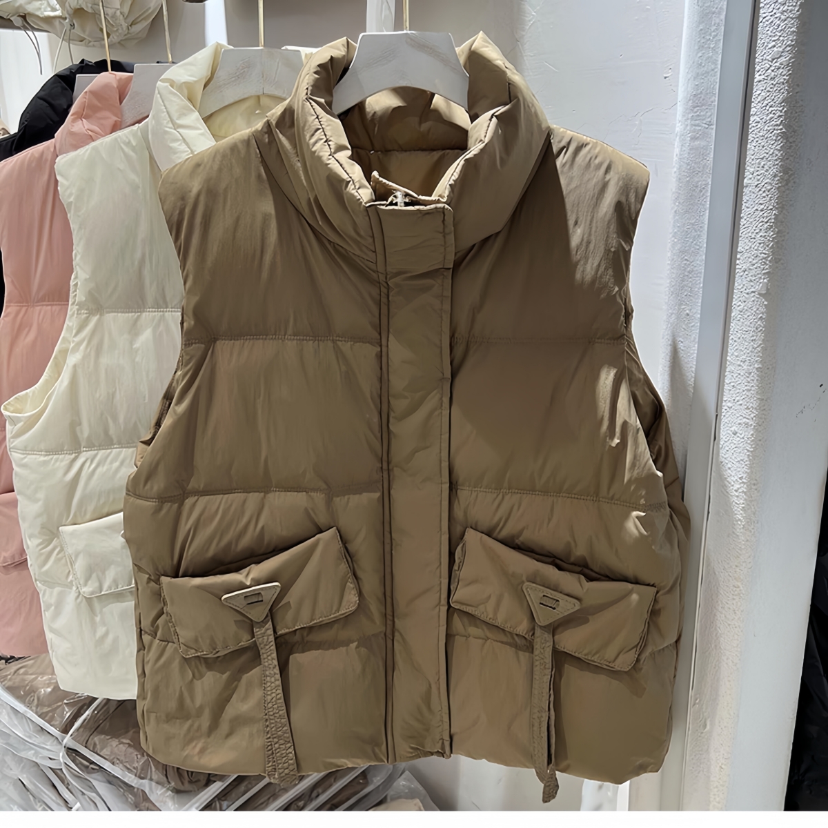實拍2024秋冬韓版新款純色側拉鏈寬鬆棉服無袖馬甲背心女