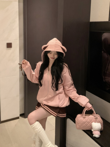 Real shot~Sweet and lazy style loose and slim long-sleeved hooded sweatshirt + short skirt suit