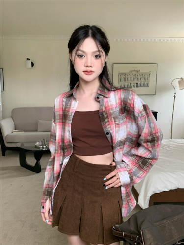 Actual shot of autumn and winter brushed loose lapel plaid shirt top cardigan