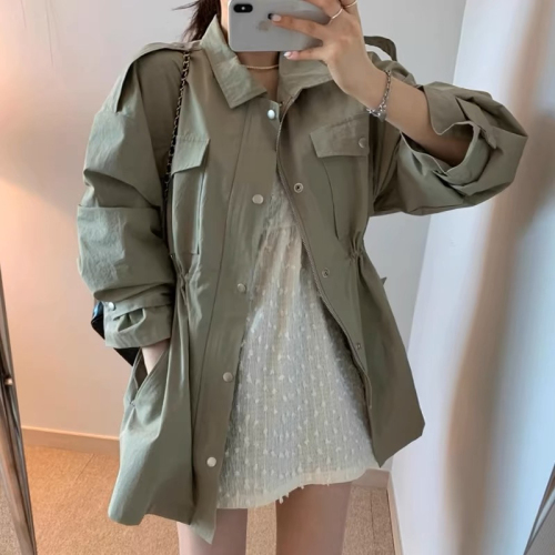 Korean chic autumn retro temperament lapel zipper hidden button pleated waist slimming versatile windbreaker jacket for women