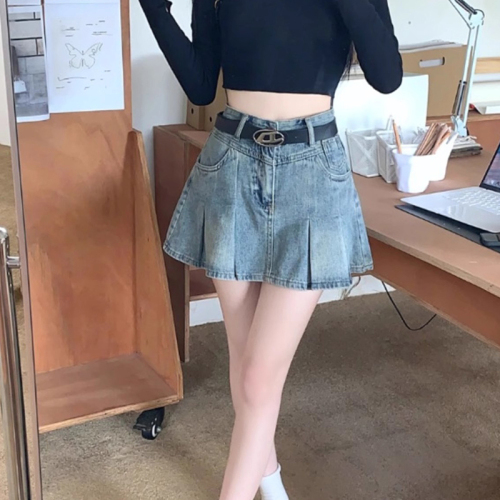 Trendy brand American retro denim short skirt for women high-waisted hot girl pleated skirt petite A-line skirt 2024 summer