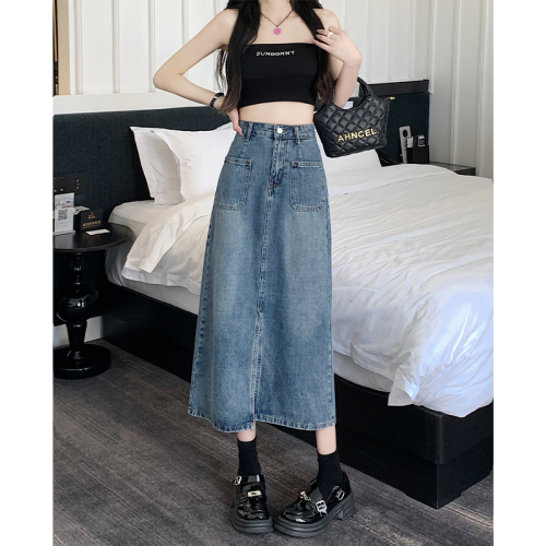 Slit retro denim skirt women's mid-length summer 2024 new high-waist slim A-line large size fat MM skirt