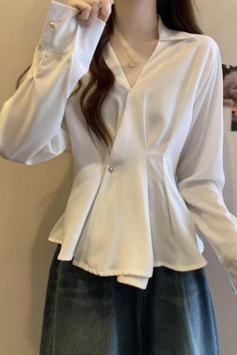 Actual shot of plus size women's clothing 2024 autumn new style French niche belly-covering Western-style slimming waist-style shirt for women