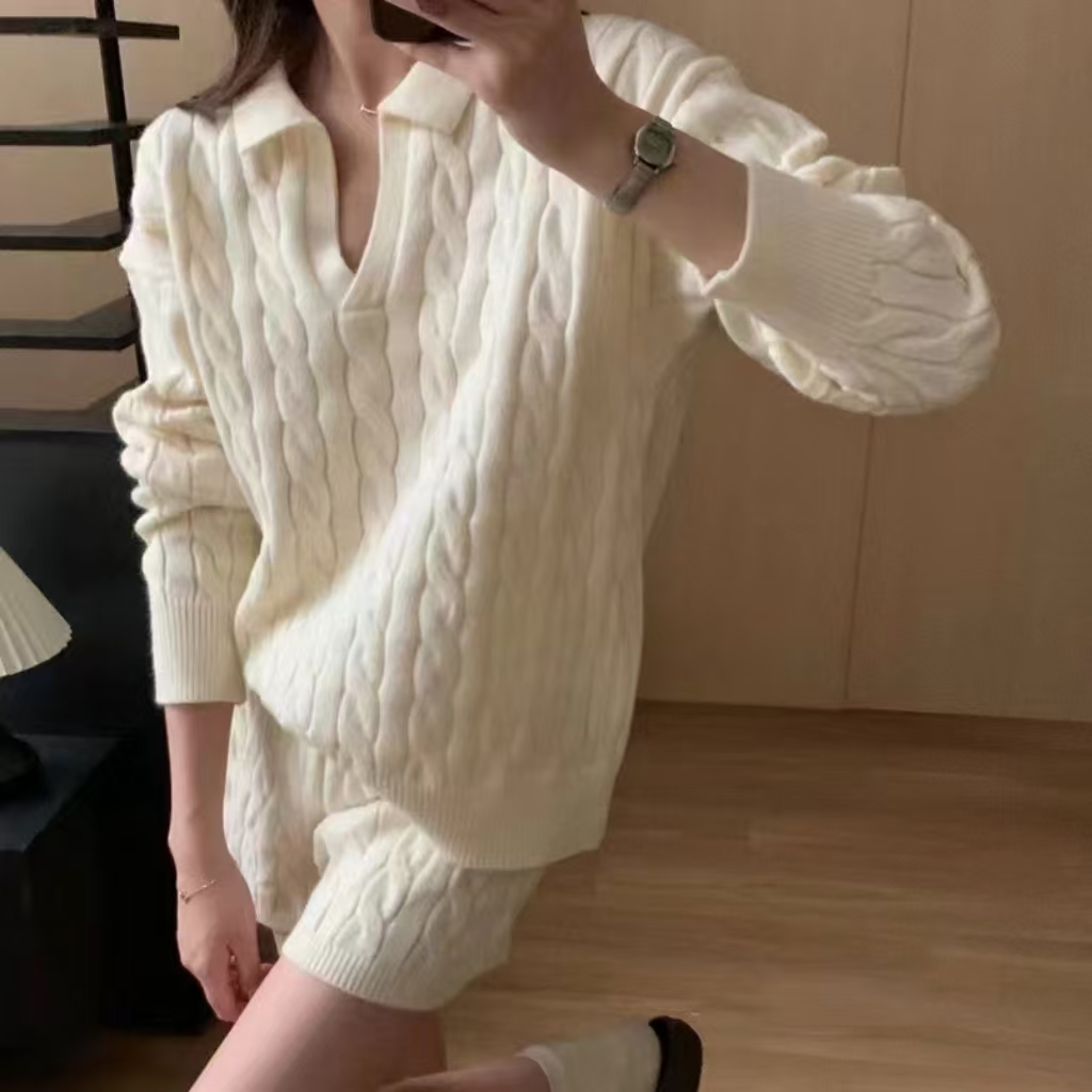 美式復古麻花v領時尚套裝女秋冬新款寬鬆慵懶風套頭針織衫兩件套