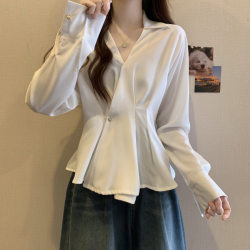 Actual shot of plus size women's clothing 2024 autumn new style French niche belly-covering Western-style slimming waist-style shirt for women