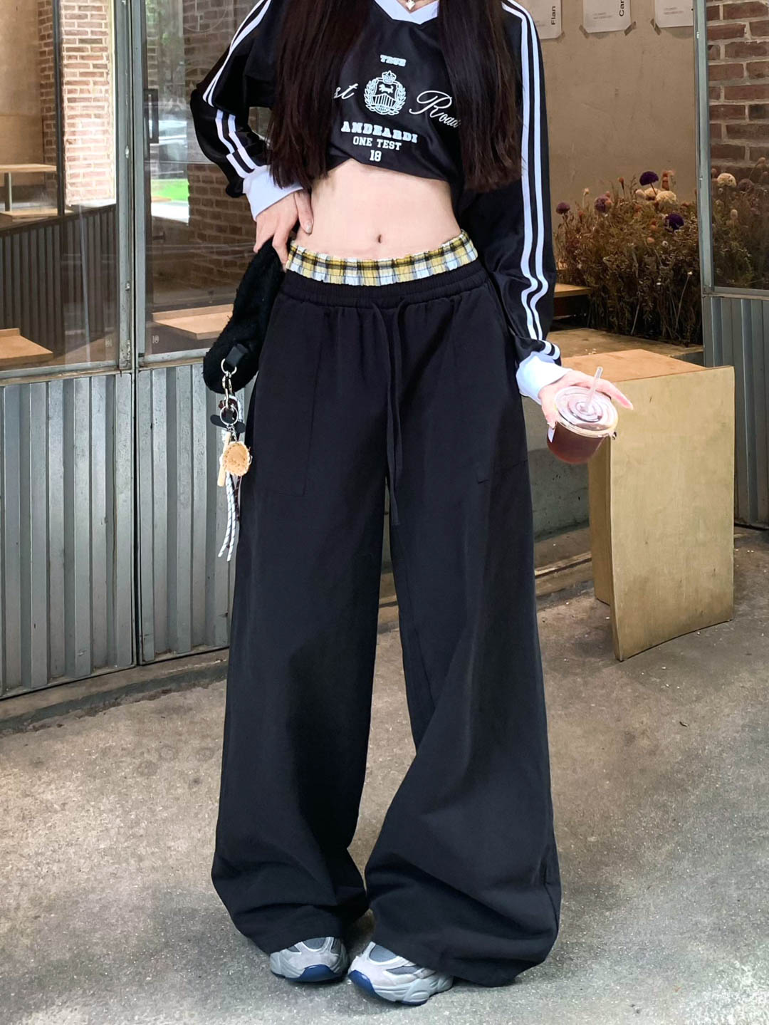 Real shot American style hot girl plaid splicing elastic waist versatile work pants high waist slimming wide leg pants 