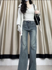 American Retro Design Frayed Micro Bell-bottom Jeans for Women Autumn/Winter Low-rise Hot Girl Tall figure Lengthy Floor-length Pants