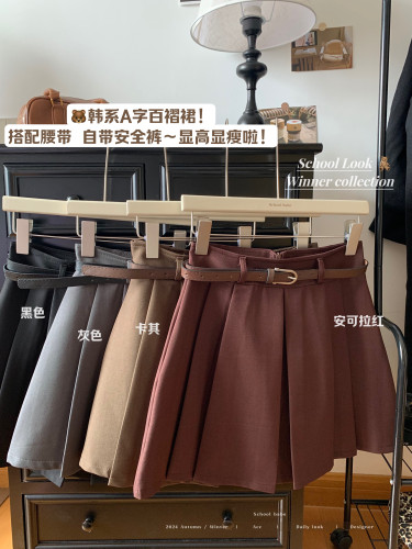 Real shot of red lips, thickened pleated skirt, autumn and winter slimming A-line Korean suit skirt with belt