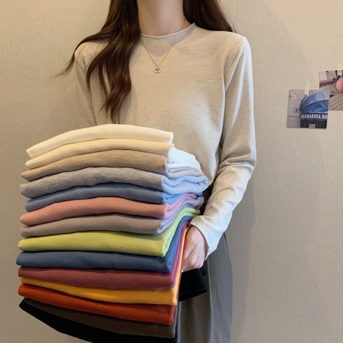 Actual shot of autumn and winter Korean style versatile loose solid color basic inner base long-sleeved sweater top