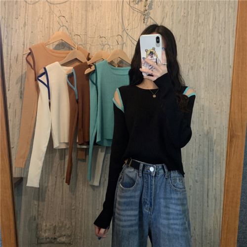 Real photos of new slim off-shoulder design long-sleeved sweater tops