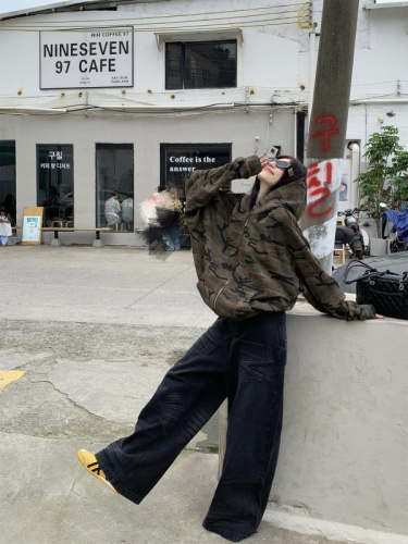 Actual shot ~ American high street retro camouflage hooded casual zipper jacket + loose high-waisted straight floor-length pants