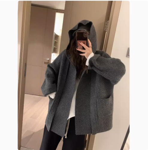 Silhouette hooded thickened pockets large size knitted cardigan for women autumn and winter new Korean design niche sweater jacket