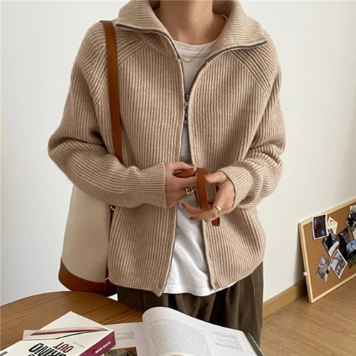 Korean style retro zipper knitted cardigan for women 2024 autumn and winter loose outer wear lazy style lapel sweater jacket top