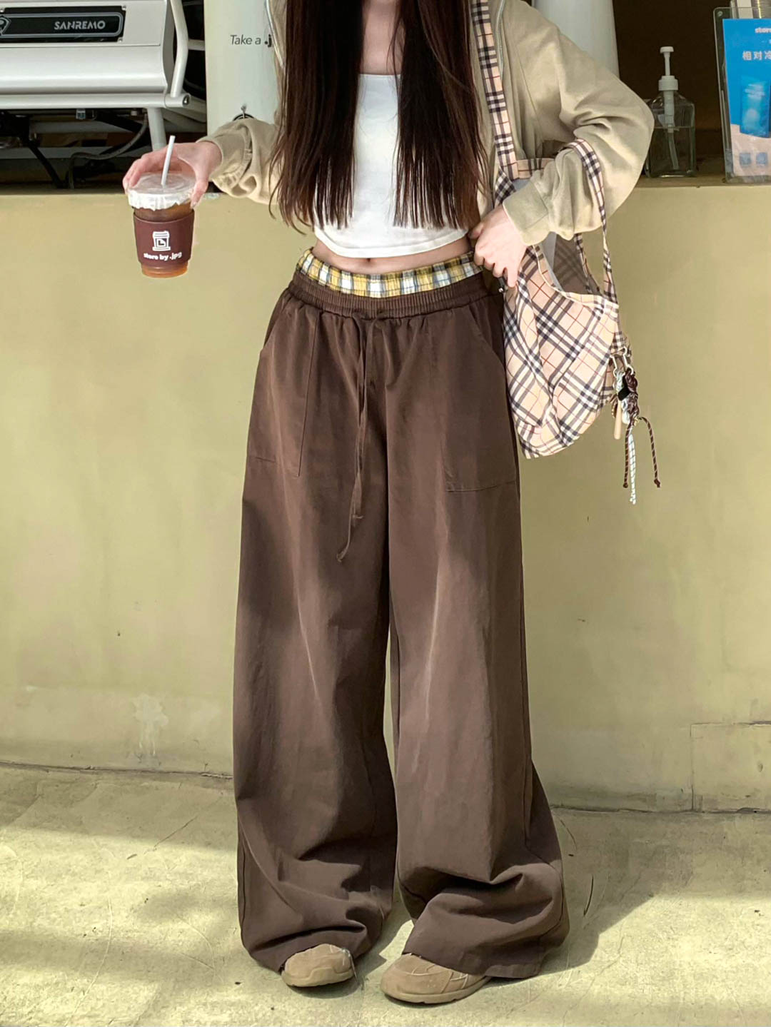 Real shot American style hot girl plaid splicing elastic waist versatile work pants high waist slimming wide leg pants 