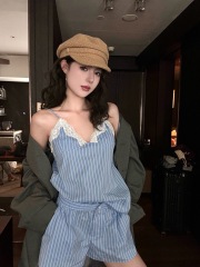 實拍 秋款法式女孩時髦感條紋蕾絲綁帶吊帶小眾連體褲休閒褲