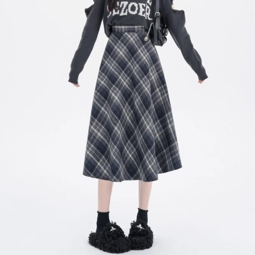 Elastic waist woolen plaid skirt for women 2024 new autumn and winter A-line high-waist slim retro petite skirt