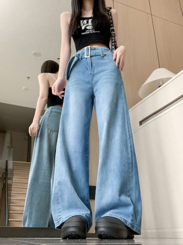 Real shot ~ Retro washed blue belt denim straight pants for women summer new high waist loose wide leg pants