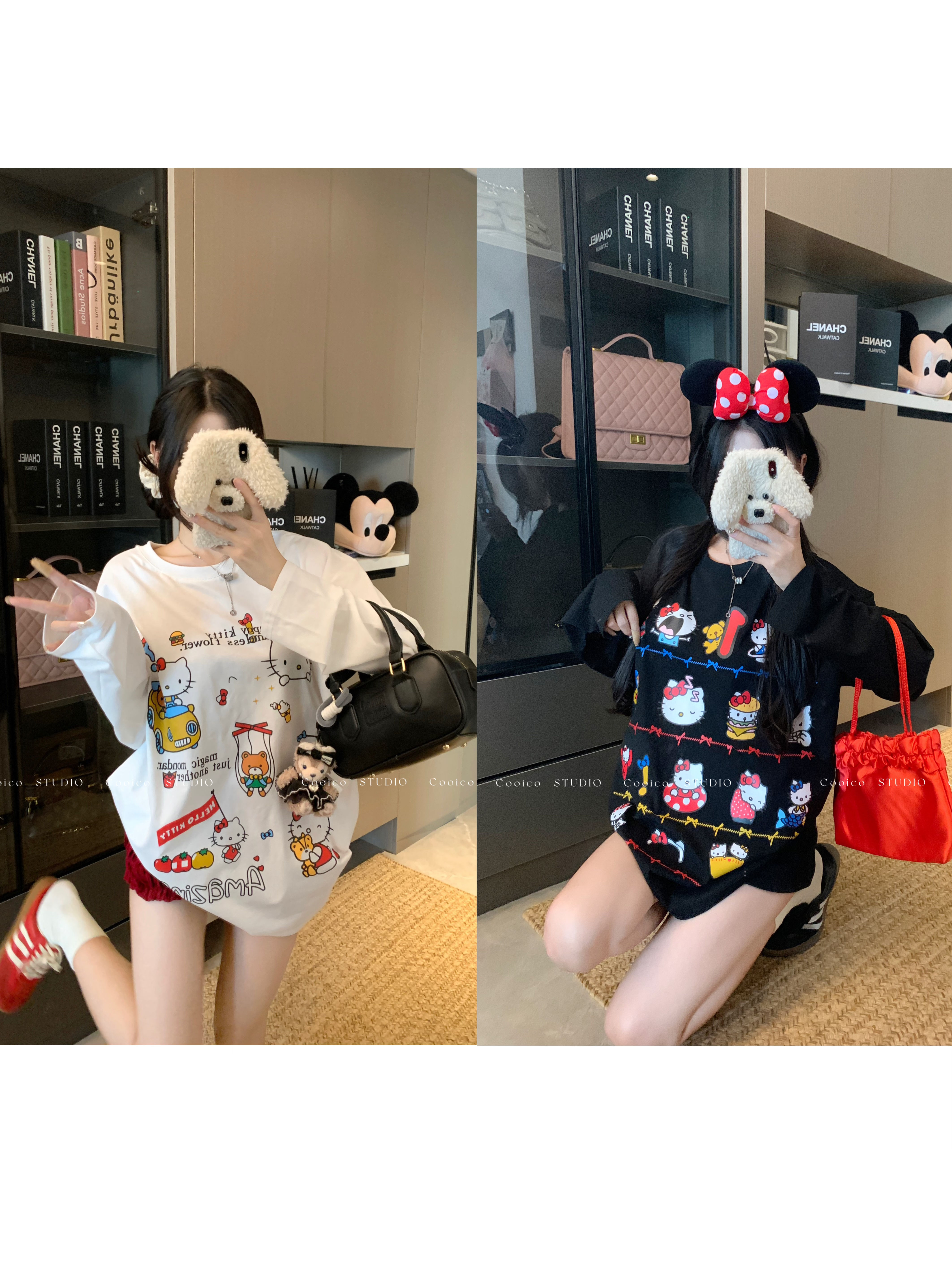 Hand-painted Cute Kitty Sweet Print Round Neck Long Sleeve T-shirt for Women, Autumn Thin and Loose Letter Hooded Top