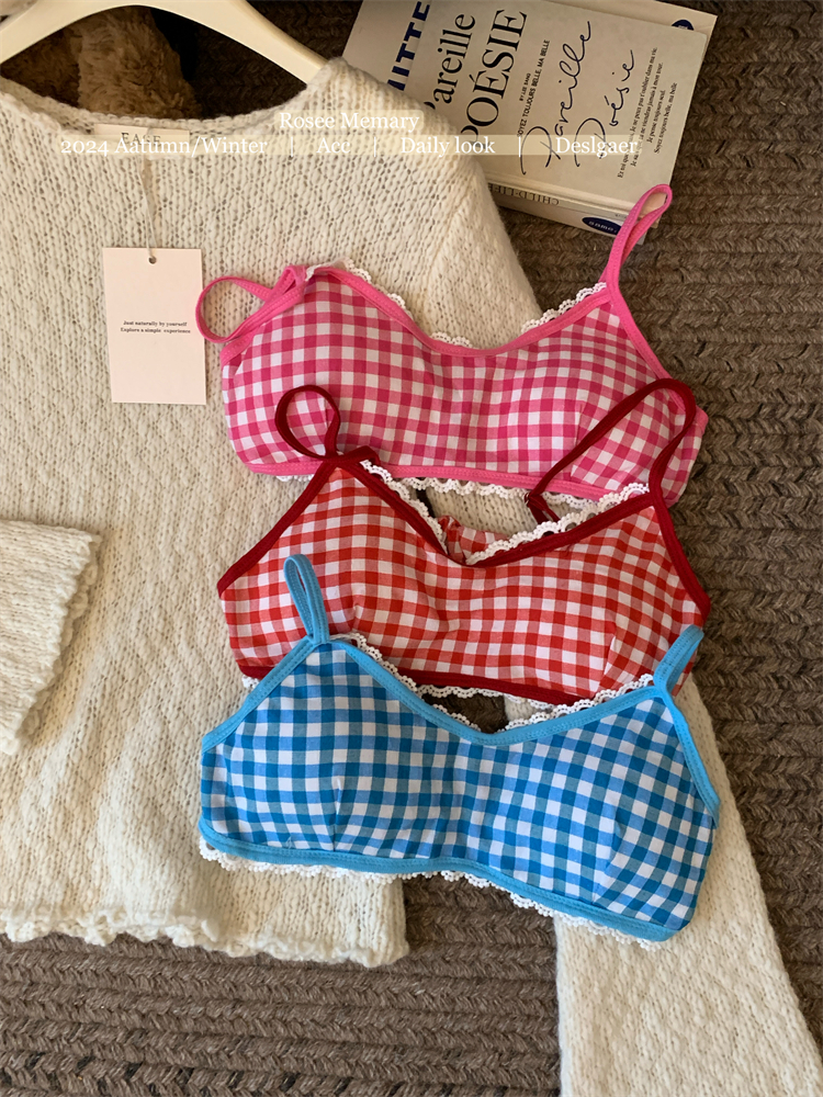 Real shot!  Japanese sweet lace plaid underwear women's small breast push-up bra without wire rings