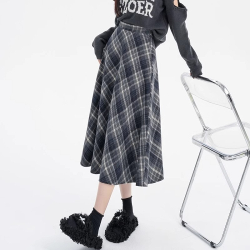 Elastic waist woolen plaid skirt for women 2024 new autumn and winter A-line high-waist slim retro petite skirt