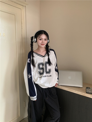 Real shot American retro contrast color oversize lazy style sports V-neck long-sleeved sweatshirt