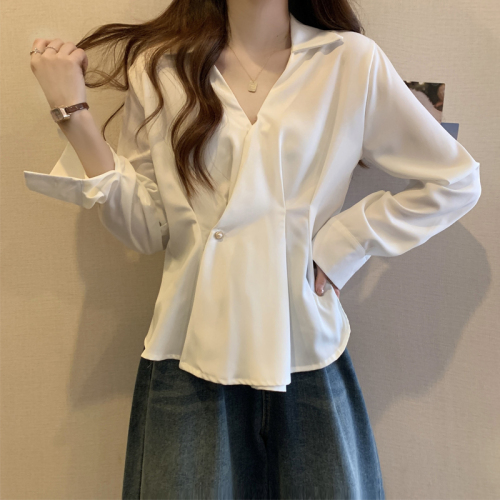 Actual shot of plus size women's clothing 2024 autumn new style French niche belly-covering Western-style slimming waist-style shirt for women