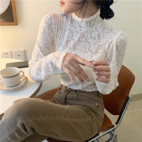 Real shot of mesh turtleneck lace inner bottoming shirt for women