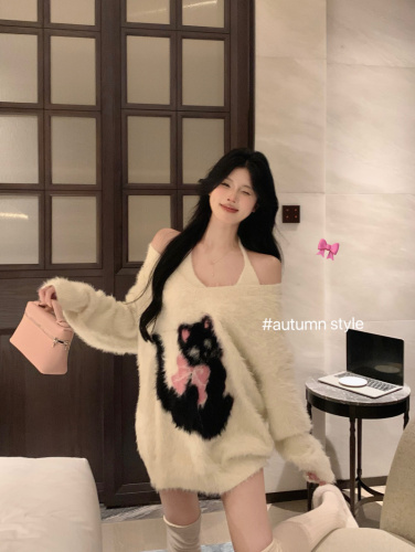 Actual shot ~ Lazy style mink-like cute cat V-neck loose sweater