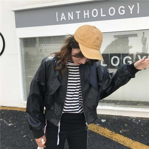 Hong Kong style bat sleeve pu motorcycle short leather jacket for women spring and autumn new loose slimming little jacket student jacket