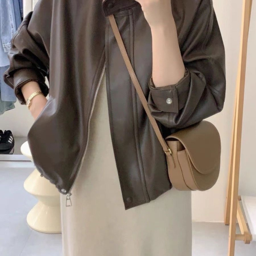 Brown leather jacket women's leather jacket 2024 new Hong Kong style short motorcycle American retro is popular this year