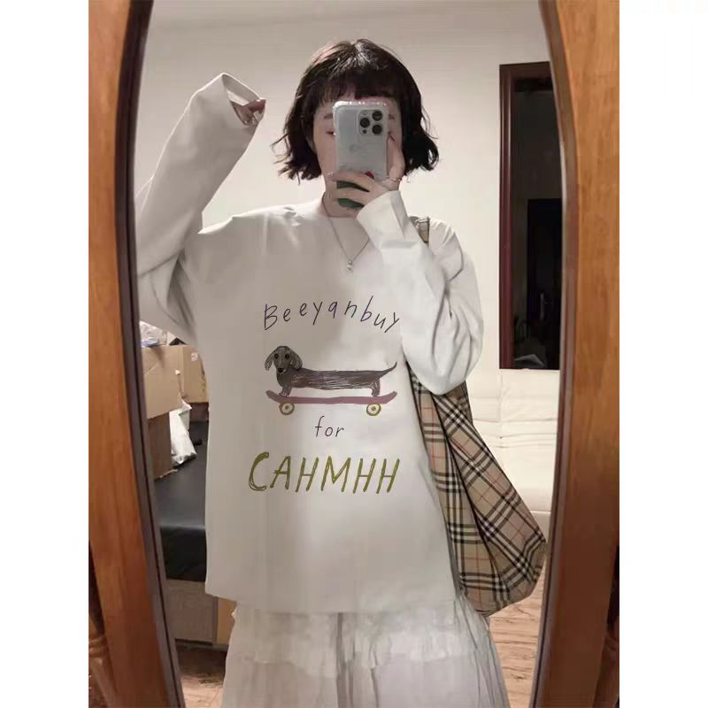 純棉  個性印花長袖T恤女白色撞色簡約內搭高級感打底上衣