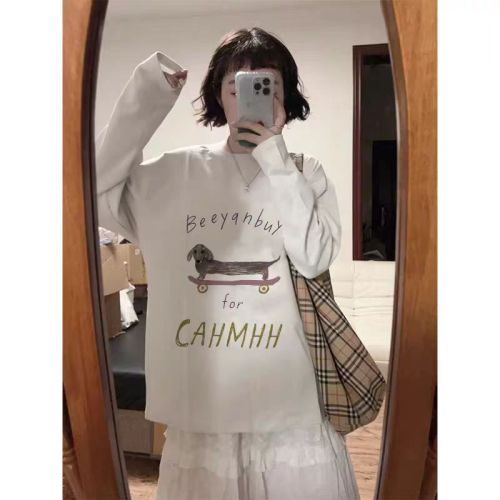 Pure cotton personalized print long-sleeve women's white contrast color simple inner wear high-end base top