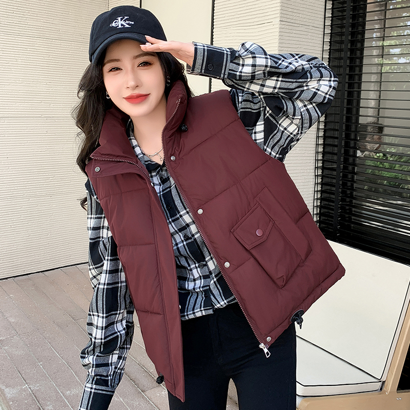 Photographed 2024 Autumn/Winter Korean Style Women's Down Vest with Fashion Large Pockets Upright Collar Sleeveless Backless Top for Warmth