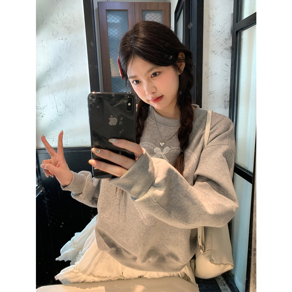 Photographed Autumn New Korean Style Lace Butterfly Knot Heart Print Sweatshirt Women's Short Sleeve Top