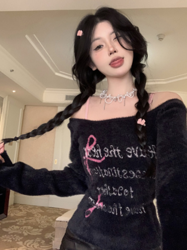 Real shot~Pure wild butterfly soft and waxy imitation mink fur sweater black and pink contrasting color sweet and cool top