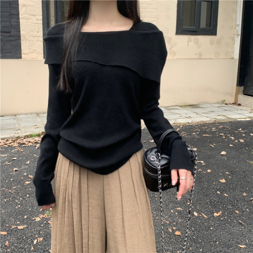 Actual shoot, one-shoulder knit base shirt for women, autumn outfit, irregular inner wear, long-sleeved top