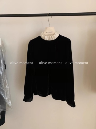 alive moment2024秋季新款复古宽松百搭显瘦立领丝绒小衫女潮