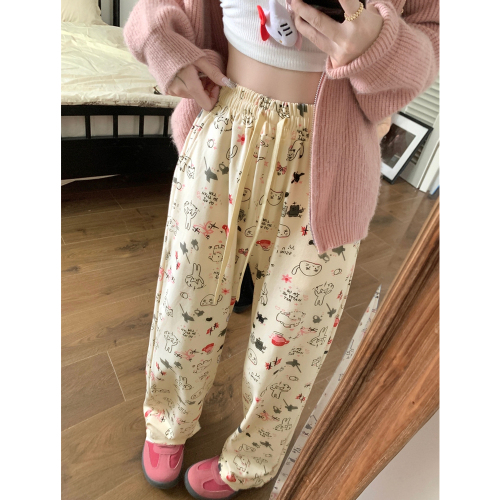 6685#Real Shot Chinese Cotton Composite Velvet/Thin Style 2024 Autumn and Winter Pants Women’s Cute Cat Print